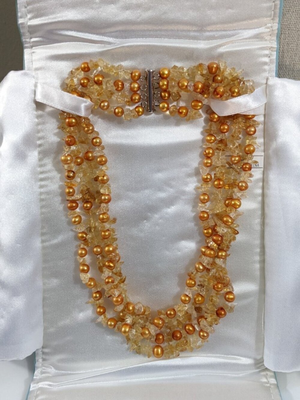 Ross Simons Citrine Orange cultured Pearl 4 strand Beaded Necklace with case